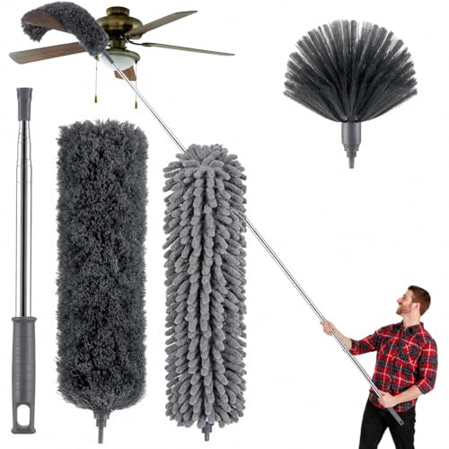 Image of 3-in-1 Microfiber Feather Duster Set with 100 inch Extendable Stainless Steel Pole, 4-Piece Bendable & Washable Cleaning Kit, Anti-Scratch Head for High Ceiling Fans, Cobwebs and Furniture