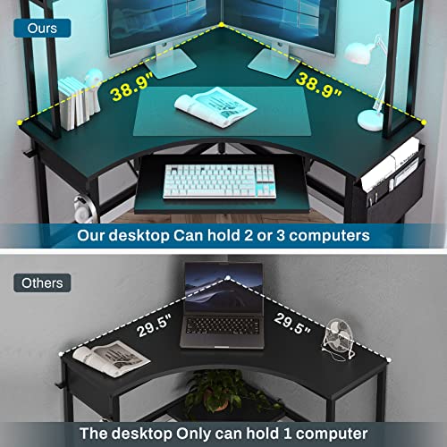 Small Corner Computer Desk with LED Lights and Storage, Black