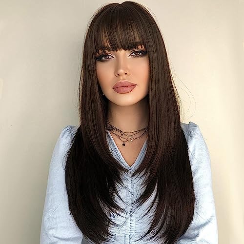 PORSMEER Long Dark Brown Wigs for Women,Layered Straight Synthetic Heat Resistant Hair Wig with Fringe for Ladies Party Halloween Facny Dress Costume Anime - Image 3