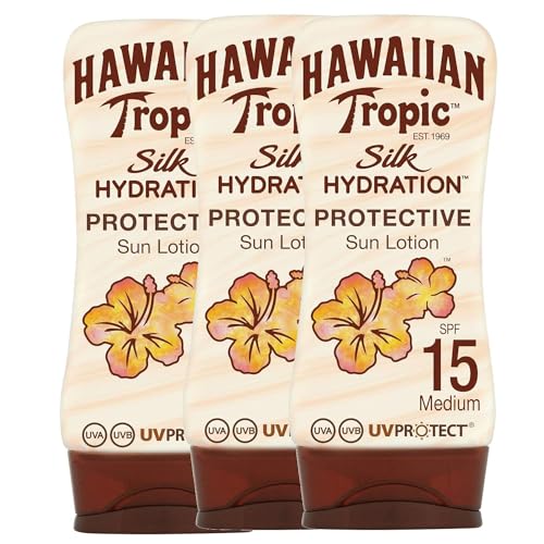 Hawaiian Tropic Silk Hydration Protective - Pack de 3 Lociones Solares Protectora con cintas de seda hidratantes y resistente al agua, Protección Alta, SPF 15, 180 ml