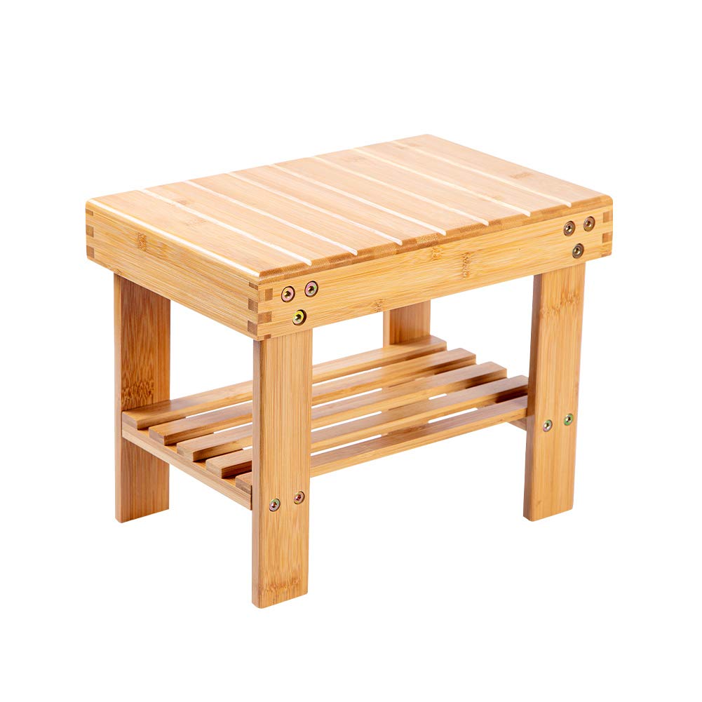 Utoplike Bamboo Step Stool, Wooden Portable Foot Stool with Storage Shelf, Small chair for Kitchen Bathroom, Bedroom, Lightweight and Anti Slip