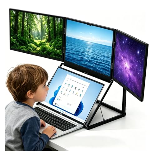 Image of Professional Triple Laptop Monitor Extender, 15.6 inch 1080P Portable Foldable Display,360 Rotatable & 3 Levels Height Adjustable Triple Monitor(Black)
