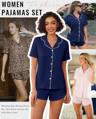 Image of Ekouaer Pajamas for Women Set Button Up Sleepwear 2 Piece Pjs Lounge Set Short Sleeve Nightwear
