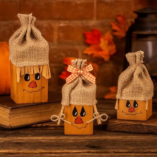 3 Pcs Thanksgiving Scarecrow Decorations Rustic Farmhouse Scarecrow Faces Wood Table Crafts Decor for Thanksgiving Harvest Party Favors