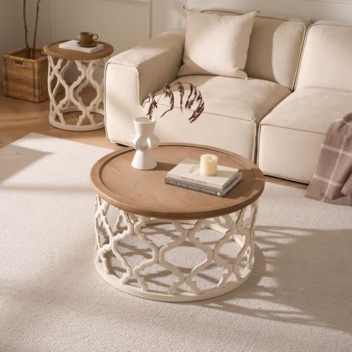 Cagnolier Table Basse Ronde, Table de Salon en Bois avec Pieds ajourés, Table Basse Moderne avec Bords surélevés pour Salon ou Chambre à Coucher, Table...