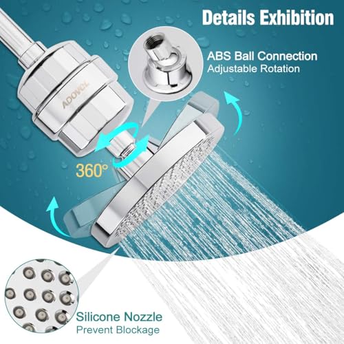 Image of ADOVEL High Output Shower Head and Hard Water Filter, 15 Stage Shower Filter Removes Chlorine & Harmful Substances, Water Softener Showerhead for Bathroom, Rain Shower, 1 Replaceable Filter Cartridge