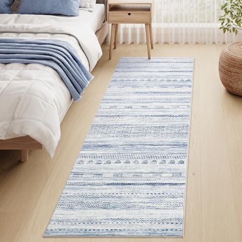 2x8 Runner Rug Machine Washable Non Slip Area Rug Distressed Neutral Moroccan Boho Rug Ultra Soft Floor Runners for Hallways for Entryway Laundry Room Kitchen, Blue