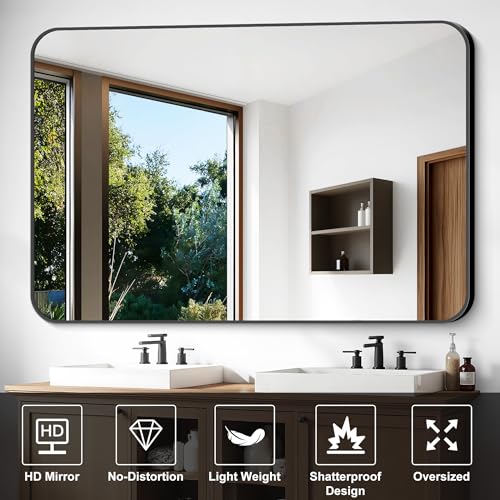 Image of Large Bathroom Mirror, 60 x 40 inch Black Rectangle Mirror, Metal Framed Rectangular Vanity Mirror, Rounded Corner Wall Mounted Mirror for Over Sinks Bedroom Living Room Horizontal /Vertical