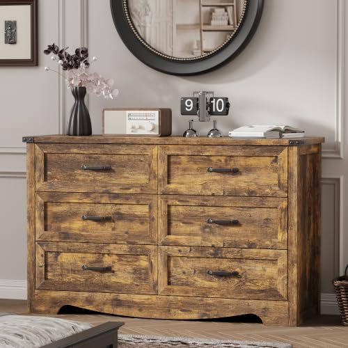 Image of Dresser for Bedroom with 6 Drawers, 48 inch Wide Wood Chest of Drawers with Deep Drawers & Mental Handle, Wooden Dresser TV Stand, Modern Closet Storage Organizer for Living Room, Hallway, Entryway, Brown
