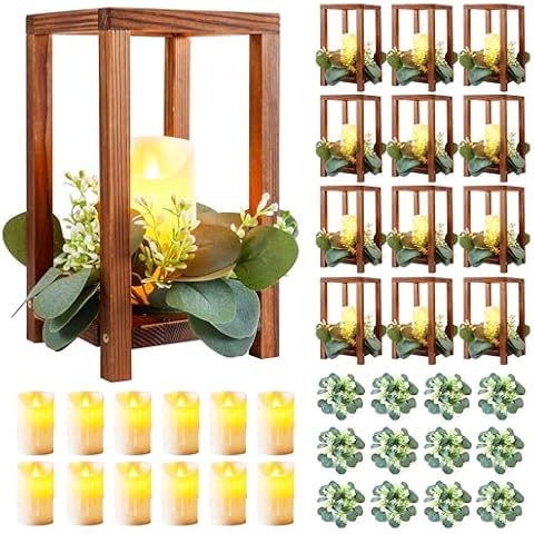 12 Set 36 Pcs Wooden Wedding Lantern Centerpiece,Include 12 Wooden Candle Holders 12 LED Candles 12 Eucalyptus Leaves Wreath for Rustic Wedding Table Decoration,Country Barn Wedding,Party(Dark Brown) Cover