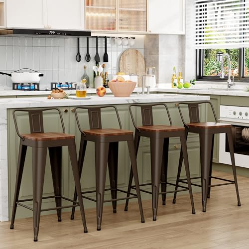 Image of WENTMENT Industrial Rusty Bar Stools Set of 4, 24 inch Counter Height, Wooden Seat, Removable Back, Stackable