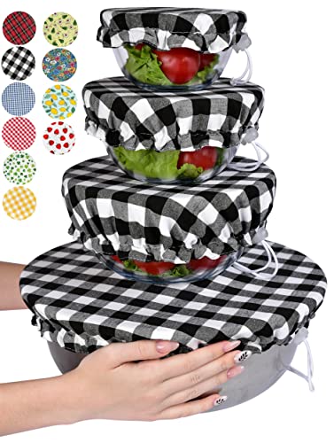 Large Us Size For Handmade Reusable Cotton Fabric Bowl Covers - Two Layers Of Fabric (Set Of 4, Black Plaid-2) #TOP4