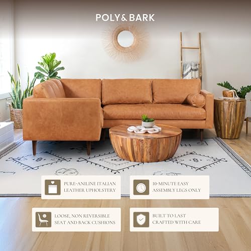 Image of Poly & BARK Napa 98 inch Leather Corner Sectional Sofa - Full-Grain Italian-Tanned Aniline Leather, Feather-Down Comfort, Solid Wood Frame - Cognac Tan