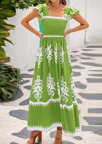 BTFBM Summer Dresses for Women 2025 Floral Smocked Boho Sleeveless Square Neck A Line Casual Beach Maxi Dress Pockets