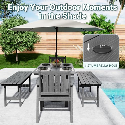 Image of Pamapic Patio Dining Table Set, 5-Piece Outdoor Dining Set for 6, Grey | 1 Rectangular Table, 2 Chairs & 2 Benches, Wood-Grain HDPE, Elegant Armrests, All-Weather Design, Umbrella Hole