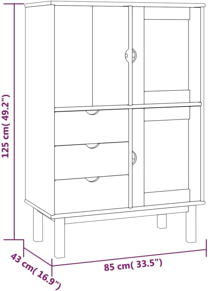 Solid Pine Wood Highboard with Rustic Brown and White Finish, 33.5 x 16.9 x 49.2 Inches, Featuring Three Spacious Drawers and Two Elegant Shelves for Ample Storage