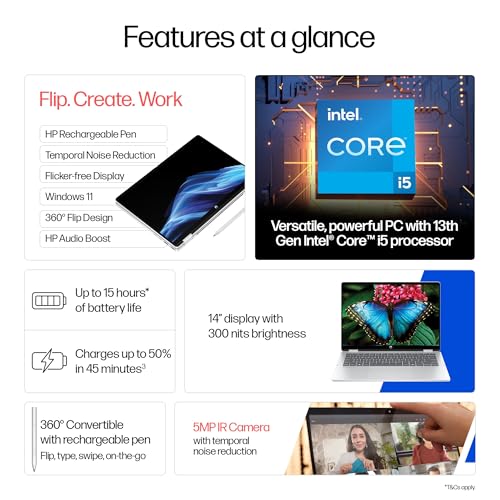 Image of HP OmniBook 5 Flip,Intel Core i5 13th Gen 1334U (16GB LPDDR5,512GB SSD) 2K, WUXGA,Anti-Glare,300 nits,14'' /35.6cm Touchscreen,Win11, M365 Basic(1yr), Office Home24, Silver,1.65kg, 5MP Camera, fp0789TU