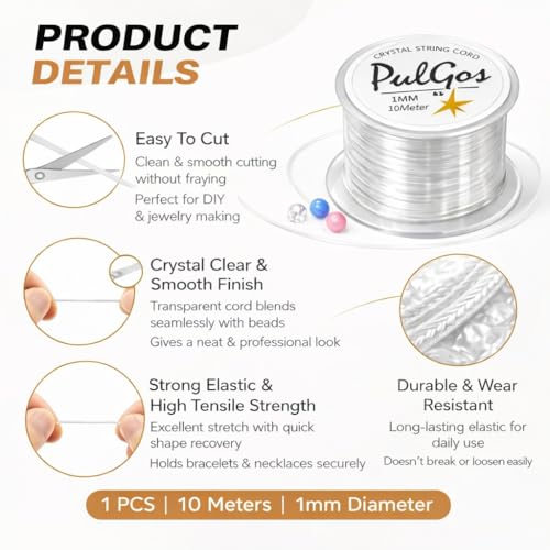 Image of PulGos ๐๐๐ Pack-๐ Crystal Elastic Cord-1.0mm |Round Beading Thread for Bracelet Necklaces DIY Handmade Jewelry Making |Strong & Durable Spool for Crafting Flexible String for Beads & Accessories