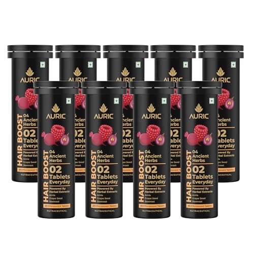 Image of Auric Hair Boost Effervescent Tablets 180 Count | Ayurvedic Formula for Hair Fall Control | Biotin, Zinc, Beetroot & Grapeseed Extracts & Herbal Extracts | Hair Growth & Strength Support
