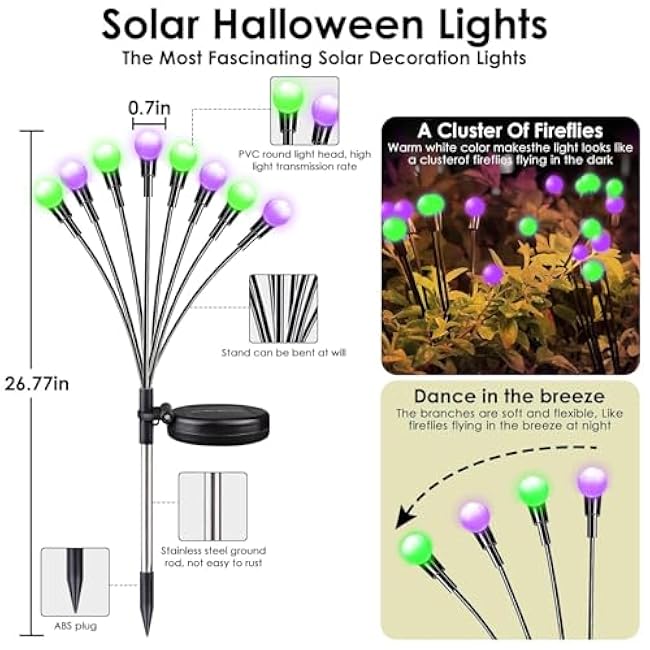 6Pack Total 48LED Purple Orange and Green Spider Solar Halloween Lights Outdoor - Solar Firefly Lights Outdoor, Sway by Wind, Waterproof for Garden Patio Pathway Halloween Decorations