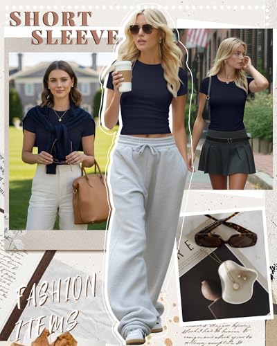 Image of Evervibe Women Built-in Bra Short Sleeve Shirts Crewneck T-Shirt Slim Fit Going Out Tops Casual Summer Basic Tees
