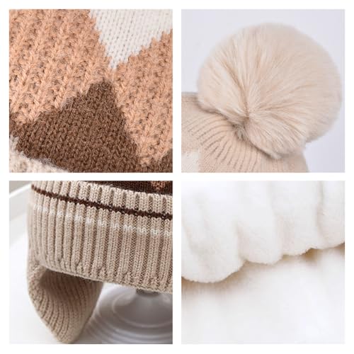 Argyle Check Knit Kids Winter Hat Warm Fleece Beanie Hats with Ear Flaps for Girls Boys3
