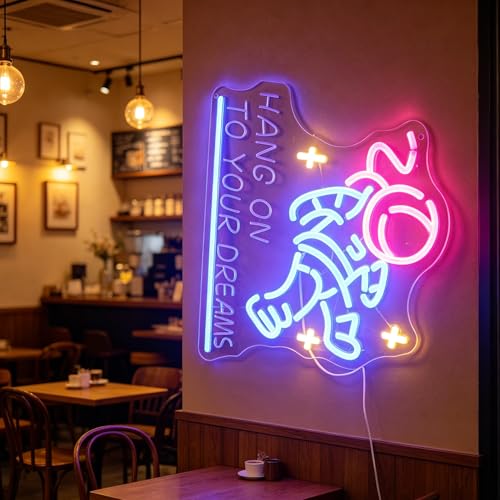 Image of inchHang on to Your Dreams inch Tired Astronaut Neon Light - Motivational Space Themed LED Wall Art, Dimmable USB Night Light with Hanging Kit, Inspiring Study Bedroom Decor Gift for Students & Dreamers