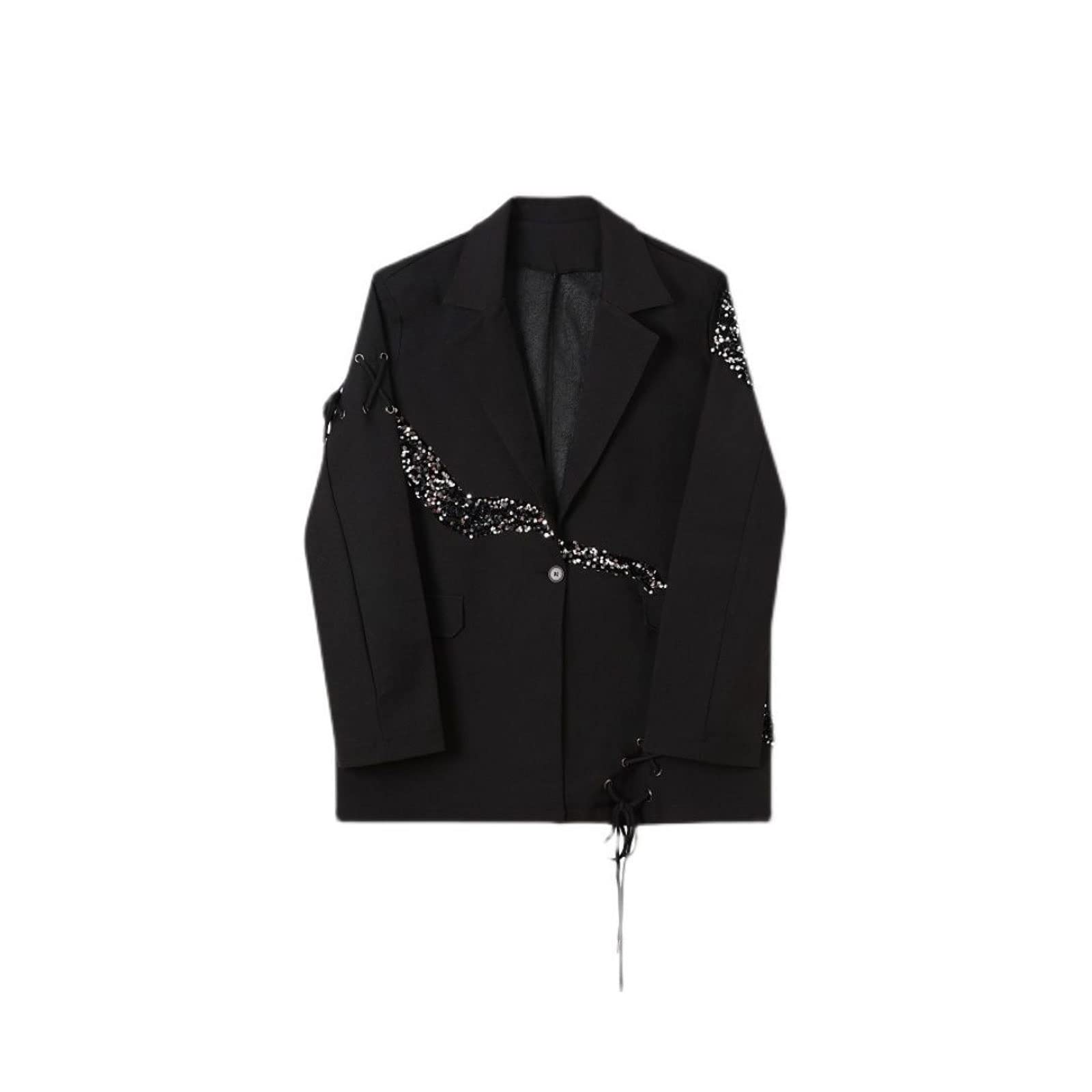 Long sleeve shirt Autumn Men Trend Sequin Splicing Suit Coat Rope Black Jacket Niche Chic Single Button Clothes-image-47