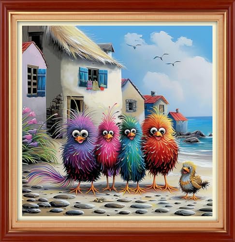 Image of Joyhoor Cross Stitch Kits for Beginners Stamped Cross-Stitch Supplies Needlework preprint Embroidery Kits for Adults DIY Needlepoint Kit Embroidery Patterns 11CT-Seaside Colorful Chicken 18x18 inch