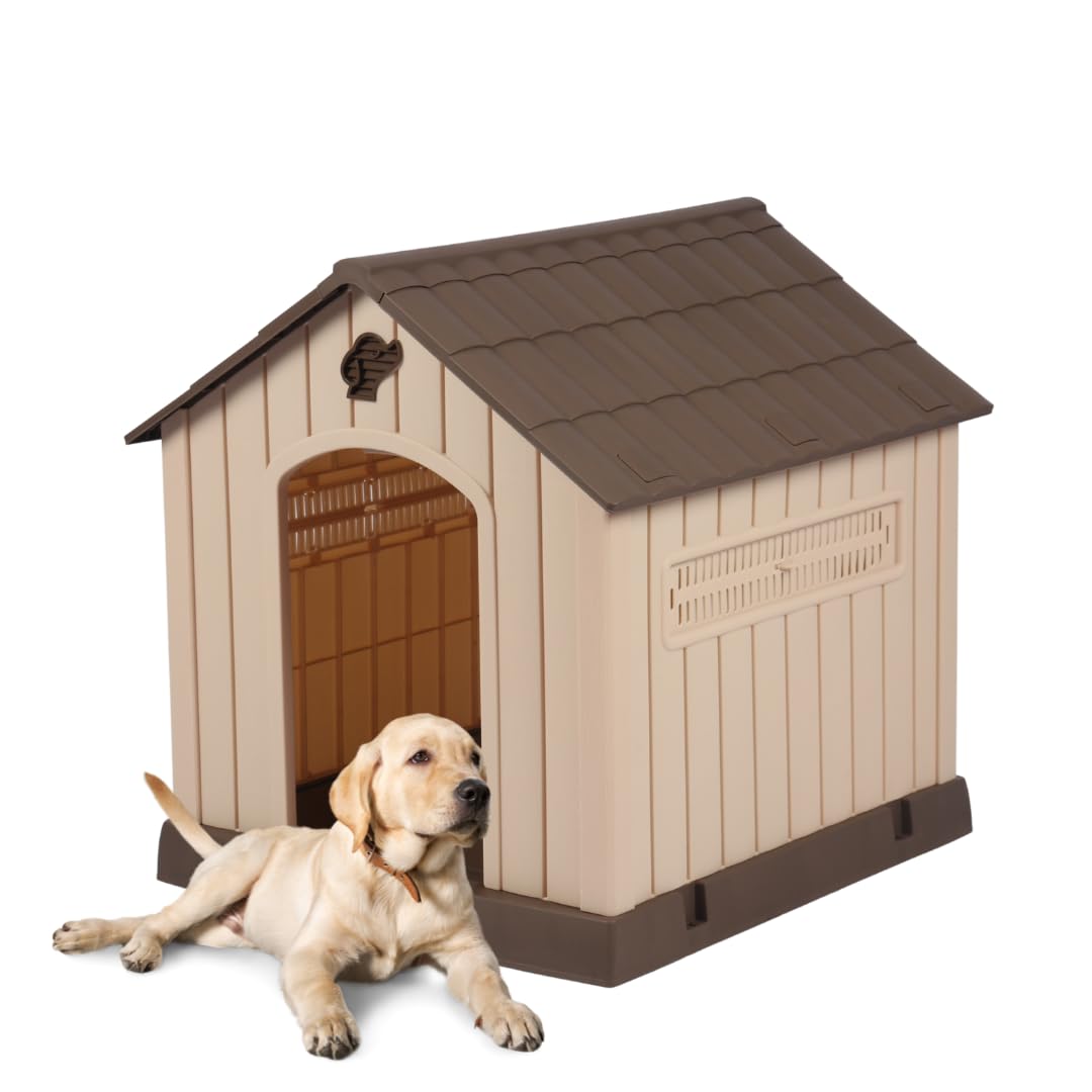 acquaverde | Cuccia per Cani da Esterno, Taglia Grande/Large Casetta per Cani in Resina, Impermeabile, Resistente, Base Isolante e Tetto Spiovente, Facile da Montare - Beige/Marrone | cm. 93x99x98