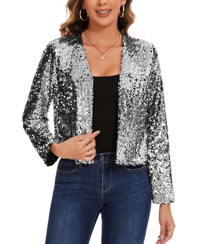 LADI TREND Boléro à sequins entièrement doublé, cardigan en paillettes à manches longues, haut court ouvert sur le devant, pour mariages, cocktails,...