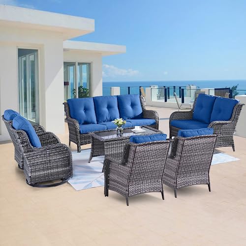 Belord Juego de muebles de mimbre para exteriores, 7 piezas de muebles de ratán para patio con sillas mecedoras giratorias, sofá al aire libre para porche, terraza, patio trasero, mezcla gris/azul