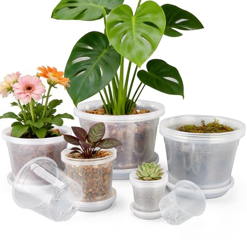 FUOAUYK 12/10/8/6/4 Inch Clear Nursery Pots with Drainage and Saucers 20 Pack Large Clear Plastic Nursery Pots for Plants Seedling Plant Pots for Repotting and Growing Plants Flowers & Vegetables