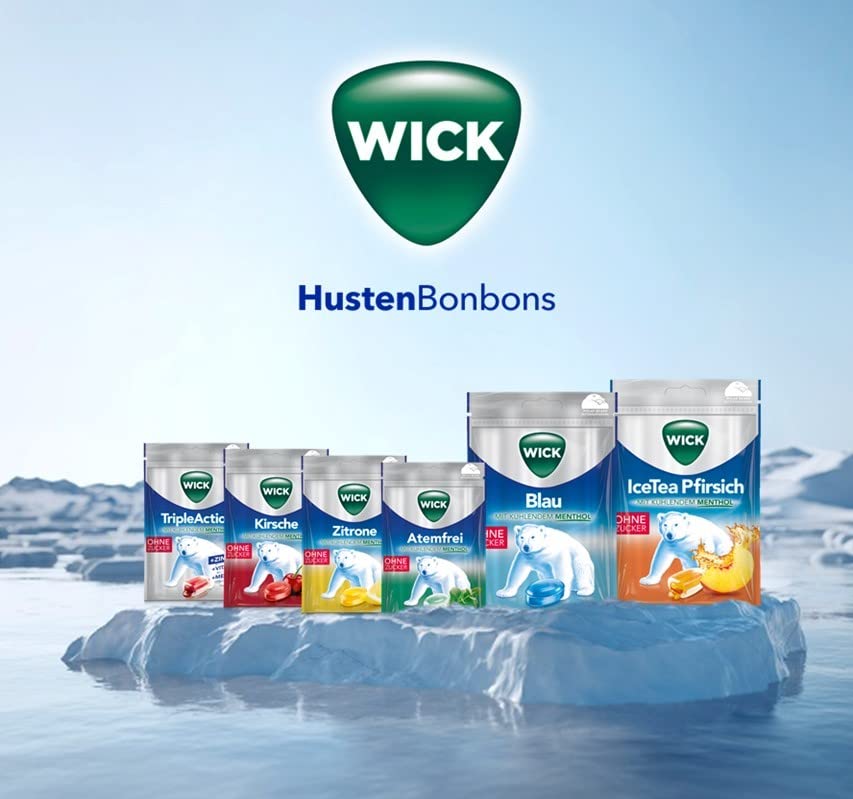 WICK IceTea Pfirsich Hustenbonbons mit kühlendem Menthol und Mate-Extrakt, ohne Zucker - 1er Pack (1 x 72 g)