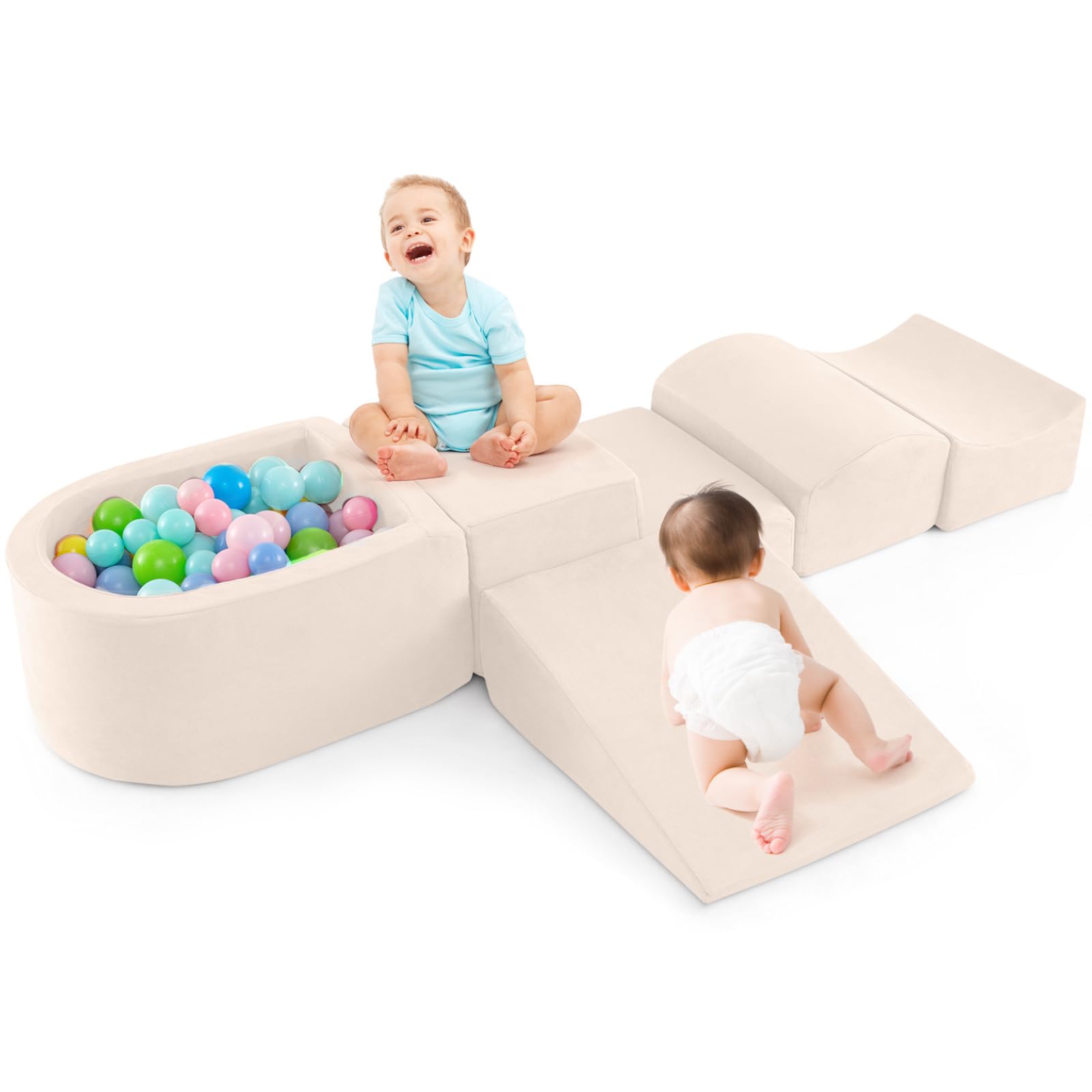 Maxmass 5Pcs Toddler Climb and Crawl Foam Play Set, Baby Soft Foam Blocks with Ball Pit, Kids Soft Play Equipment for Playroom Nursery (Beige) — image 1