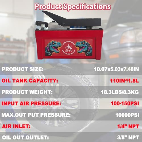 Image of Air Hydraulic Pump 0.45 Gal 10,000 PSI Reservoir NPT 3 /8 inch Oil Outlet, NPT 1 /4 inch Inlet, Air Hydraulic Foot Pump Made of Aluminum, Red