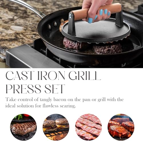 Image of Bellemain Heavy-Duty Cast Iron Grill Press Set - Perfect Smash Burger Press & Steak Tool with Ergonomic Wood Handle for Pro-Level Searing on Griddle, Skillet, or BBQ