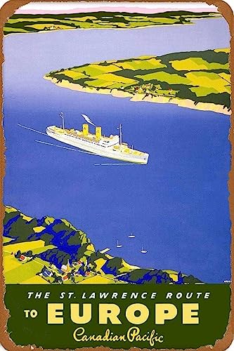 アメリカ アンティーク 看板金属のブリキ看板 20X30cm 1940年セントローレンス川からヨーロッパカナダカナダ旅行広告印刷 ヴィンテージ ブリキ アメリカ 標識 20X30cm