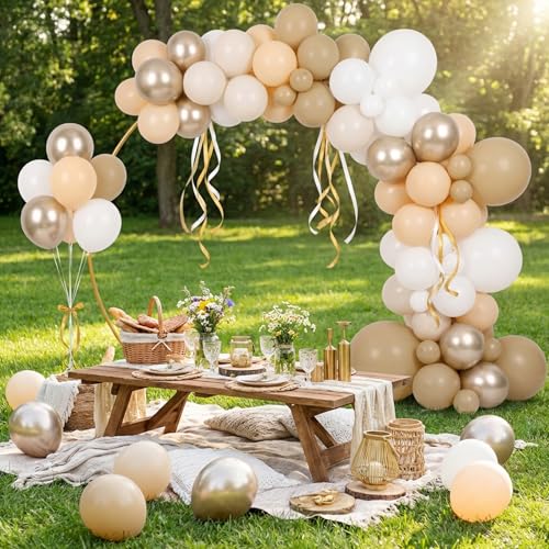 Image of RUBFAC Beige and Champagne Balloons, 65pcs White and Brown Boho Gold Party Balloon for Neutral Birthday Bridal Baby Shower Wedding Party Decorations
