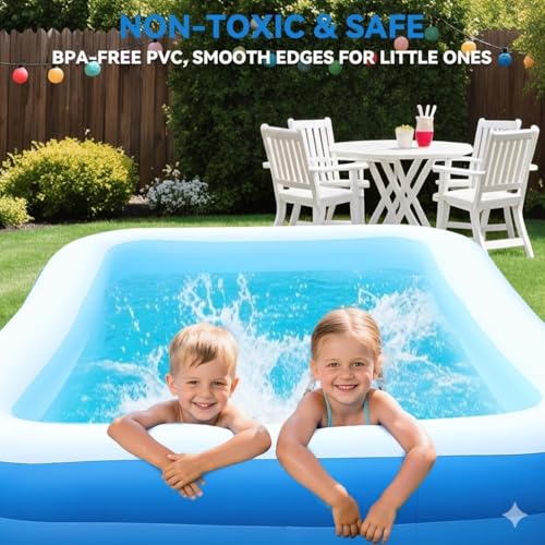 Image of 10ft Inflatable Swimming Pool for Adults & Kids | Large Rectangular Family Pool | Thickened Durable PVC Material, 3 Air Chambers | Portable Blow Up Pool for Backyard, Garden & Summer Fun