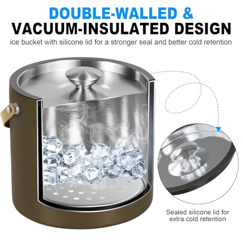 Miniatura 2 de Cubitera De Hielo Aislada Moderna De 3,2 L Con Tapa De Silicona, Pinzas, Colador, Cubo De Hielo De Acero Inoxidable De Doble Pared Para Fiestas Y Bar De Cócteles, Ideal Para Regalo