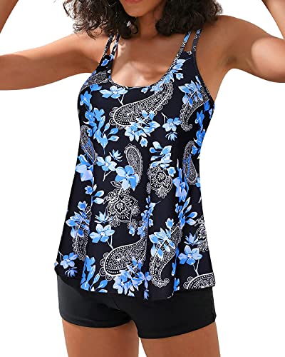 Yonique Womens Two Piece Swimsuits Tankini Top With Boy Shorts Tummy Control Bathing Suits Athletic Swimwear Blue Flower L thumb #3