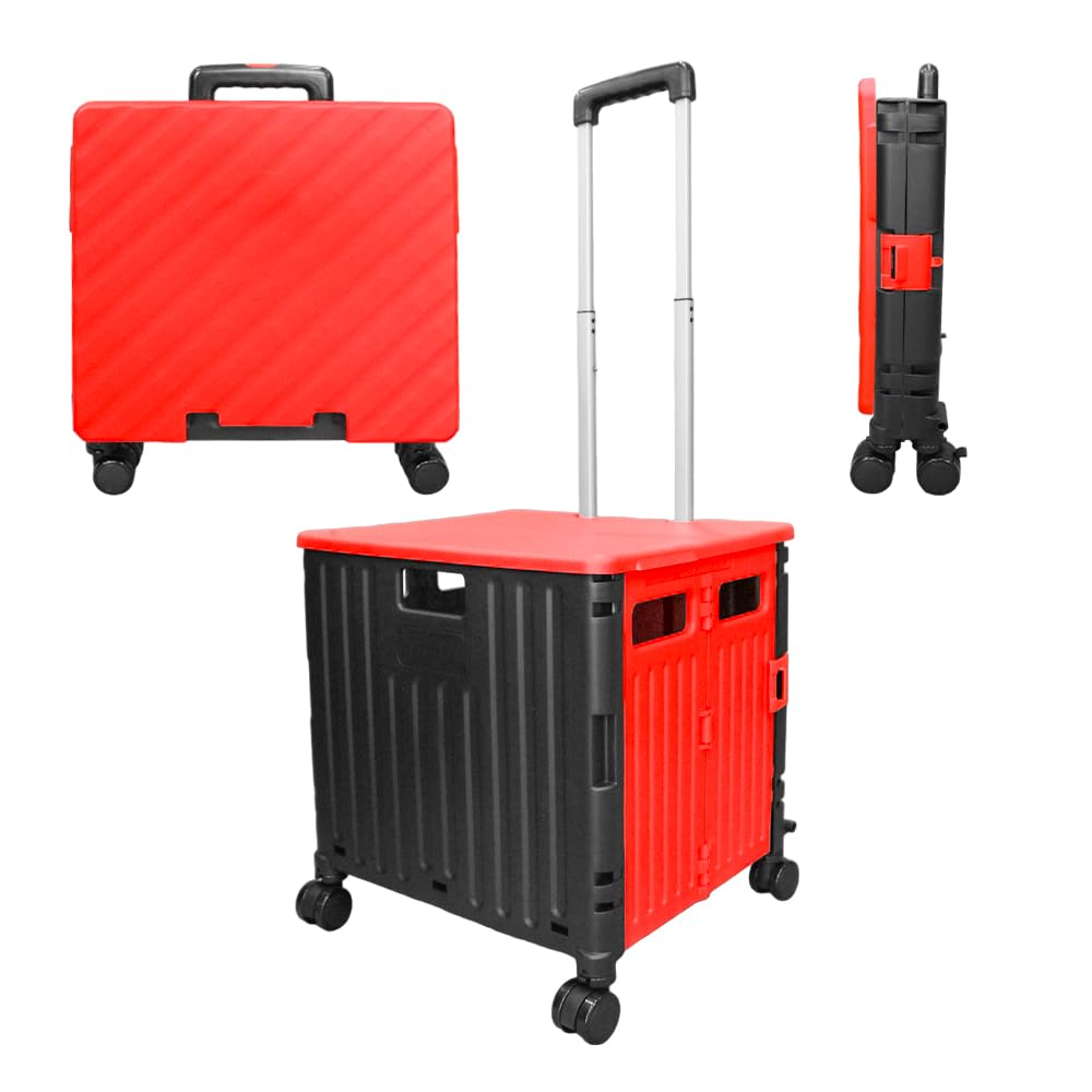 Berry 40 KG Shopping Trolley on Wheels with 50L Capacity - Plastic Folding Trolley Cart with 4 Wheels and Lid - Pull Along Trolley, Ideal for Camping, Picnics, Households, Office - Red & Black