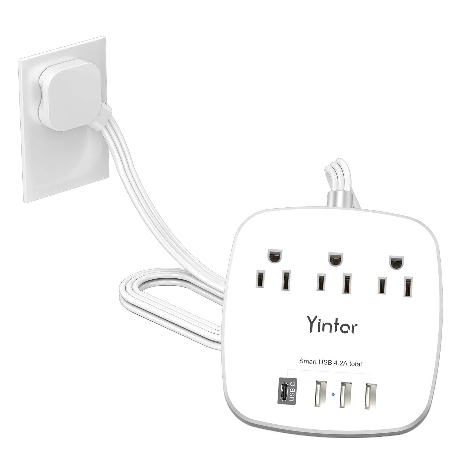 Flat Plug Power Bar - Yintar 6Ft Ultra-Thin Extension Cord with 3 Outlet and 4 USB Ports(1 USB C) Desktop Charging Station, No Surge Protection for Cruise Ship, Travel Essentials, Dorm Room, White