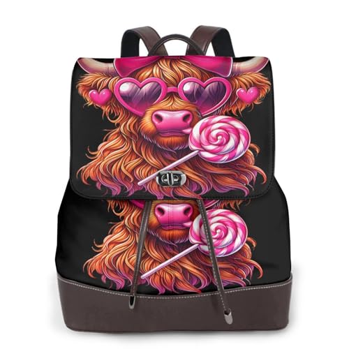 Sweet Highland Cow Lollipop Microfiber PU Leather Backpack Lightweight Daypack Bag for Travel Business Commute Gym