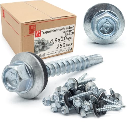 Tornillos autotaladrantes 4,8 x 20 mm Plata galvanizado con arandela, 250 uds, tornillos para panel sandwich, chapas metálicas, tejado de metal y madera, tornillos autorroscantes con junta estanca