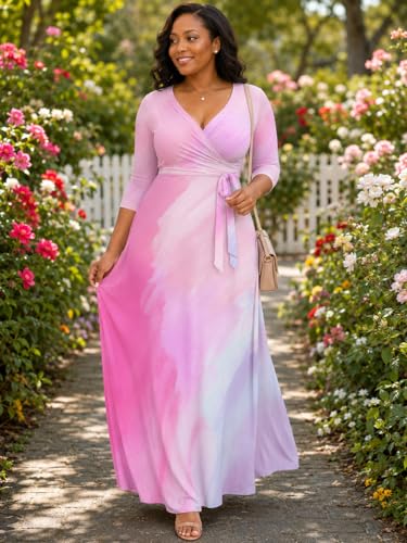 Image of Plus Size Dresses for Women Print Maxi Dresses 3 /4 Sleeve with Belt