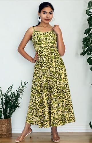 Image of JAIPUR HAND BLOCK Cotton Sleeveless Long Flared A Line Dress|Gown (S00063)