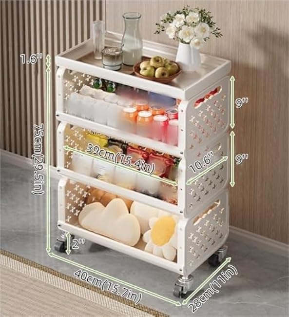 MultiStorey Metal Rolling Trolley with Fenced ShelvesVersatile Snack & Vegetable Storage Organizer for Kitchen & Bathroom (Black 75 cm)-yJOlUavo