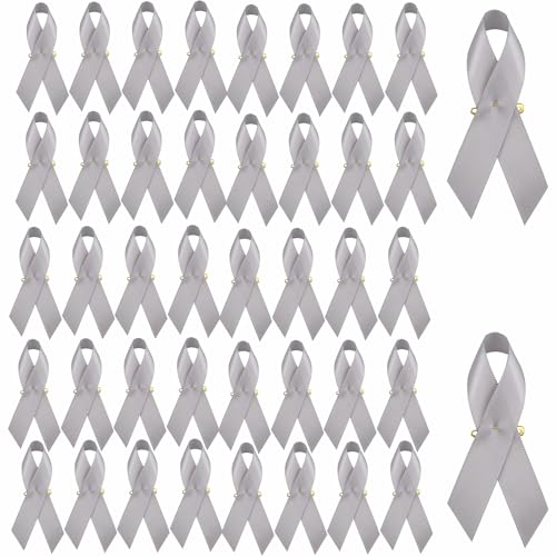 Image of 100pcs Grey Ribbon Satin Pins, Cancer Awareness Ribbon Pins Hope Faith Awareness Brooch for Party Event Supplies Clothing Decoration, 7.5cm